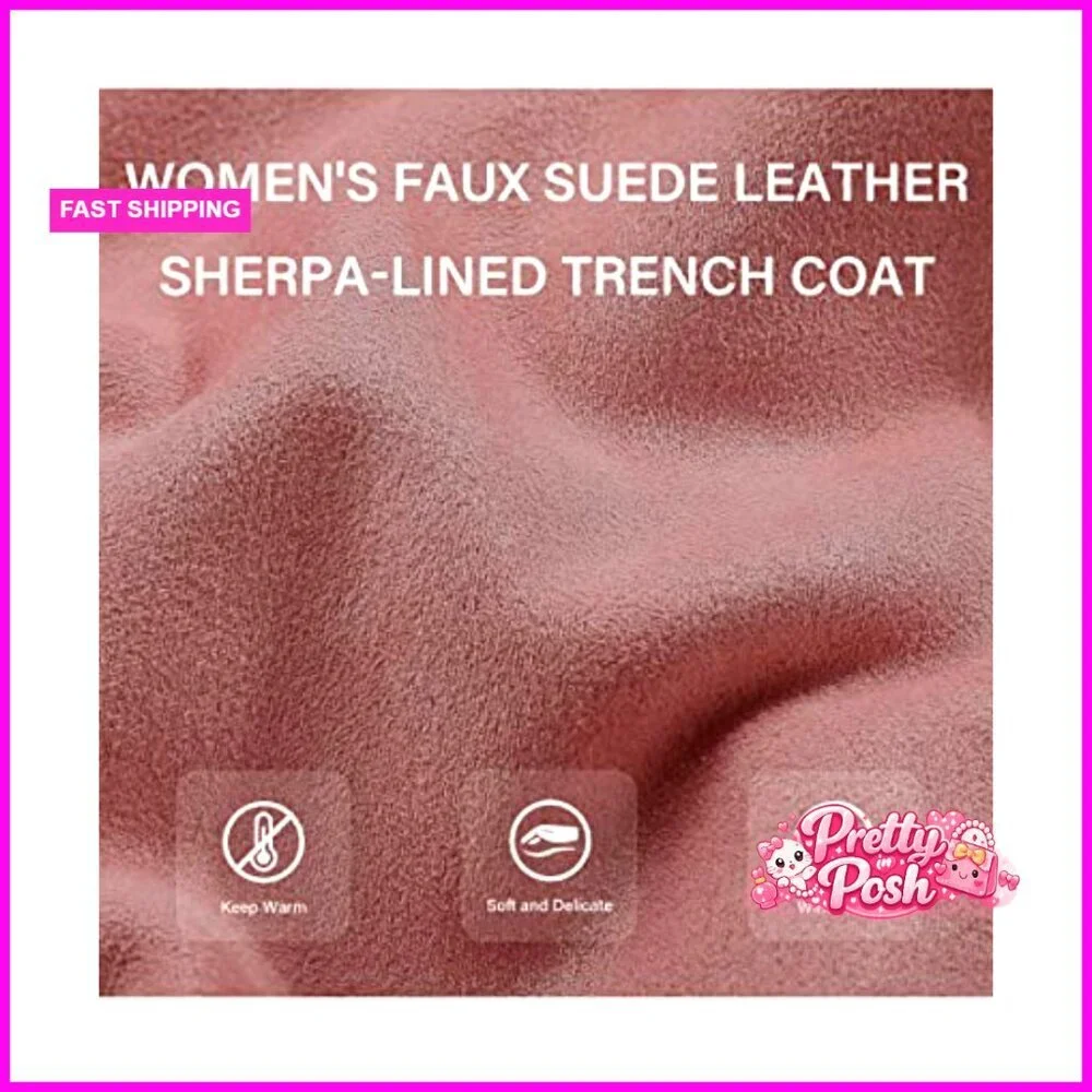 Faux Leather Trench Coat Fleece-Lined with Detachable Fur Collar - Picture 5 of 7